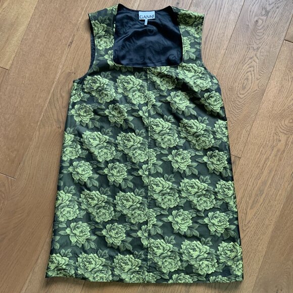 Women's Ganni Lemon Zest Jacquard Suiting Floral Sleeveless Mini Dress Size 36 - Picture 2 of 11